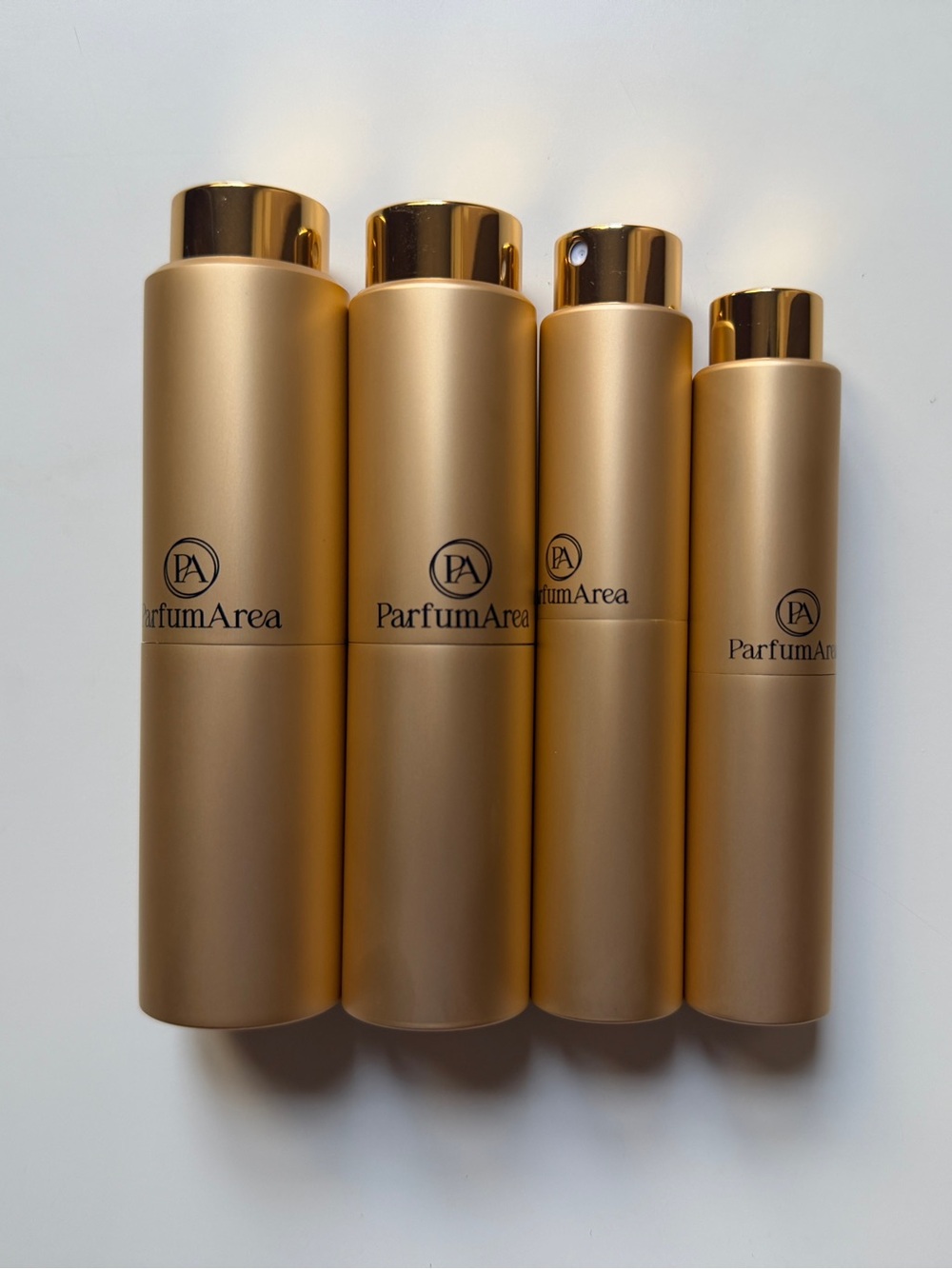 Set of 4 Gold refillable perfume atomizers 5/10/15/20ml,glass+metal,in boxes